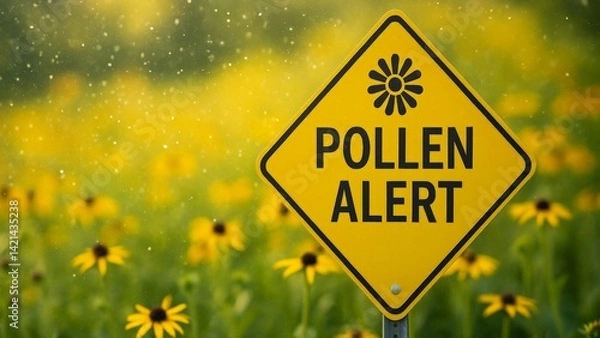 Obraz Yellow Pollen Alert Sign Amidst Flower Field During Pollen Season, Generated AI