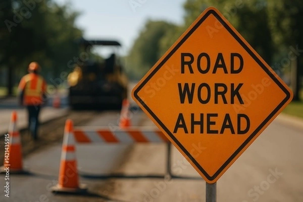 Obraz Road Work Ahead Sign On Construction Site With Traffic Safety Cones, Generated AI