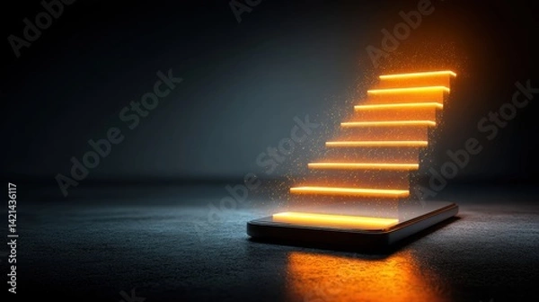 Obraz Futuristic Concept of Floating Steps with Glowing Light Effect in Dark Environment