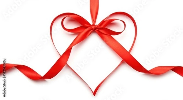 Fototapeta Red ribbon forming a heart shape with a bow on white background