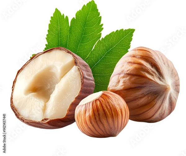 Fototapeta Hazelnut isolated png. Peeled and unpeeled hazelnut with leaf on transparent background. Perfect retouched forest filbert nut no background. Transparent png. Full depth of field.