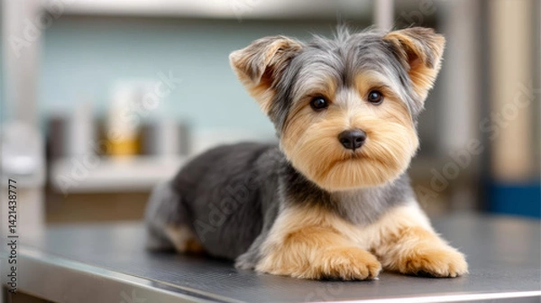 Obraz cute dog with fluffy coat and expressive eyes rests on table, exuding charm and warmth