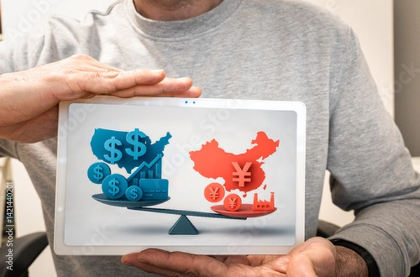 Fototapeta Man holding a tablet showing the trade imbalance between the US and China in the tariff war