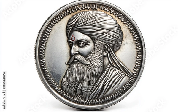 Fototapeta Sacred Silver Coin of Guru Nanak Isolated on white background.