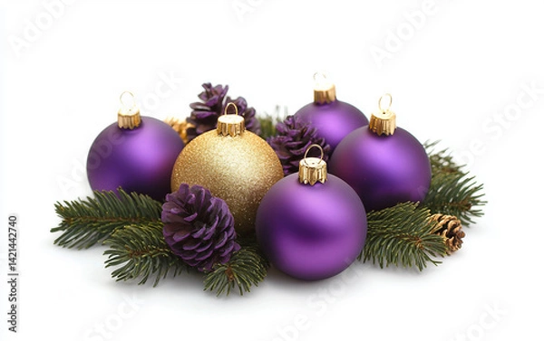 Fototapeta Simple Advent Centerpiece in Purple and Gold Isolated on white background.