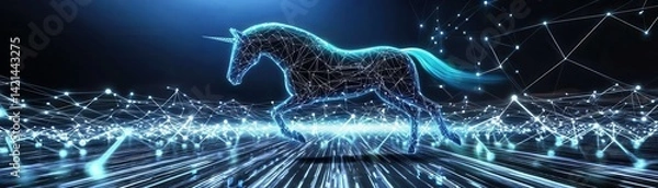 Obraz A glowing, digital unicorn gallops through a futuristic landscape, surrounded by a web of interconnected lights and patterns.