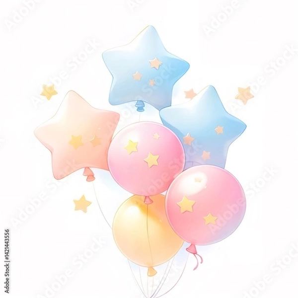 Obraz パステルカラーの星と丸い風船の装飾的なイラスト 誕生日やパーティーの背景に最適