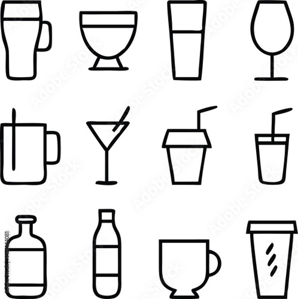 Fototapeta Drink Icon Set Vector | Beverage, Glassware & Refreshment Line Art Collection