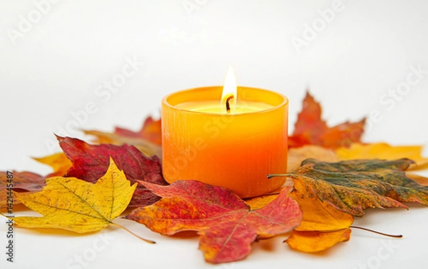 Fototapeta Single Lit Candle Surrounded by Autumn Leaves Isolated on white background.