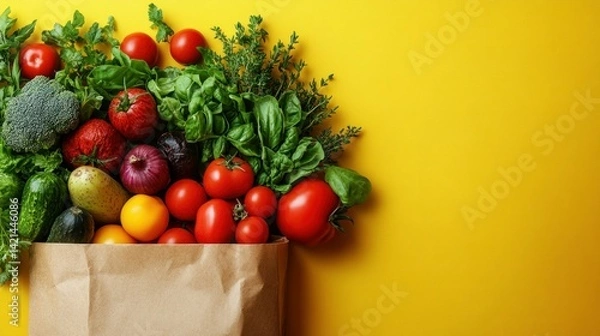 Fototapeta Fresh produce spilling from paper bag. Colorful assortment of vegetables and herbs overflowing from a brown paper bag on a bright yellow background