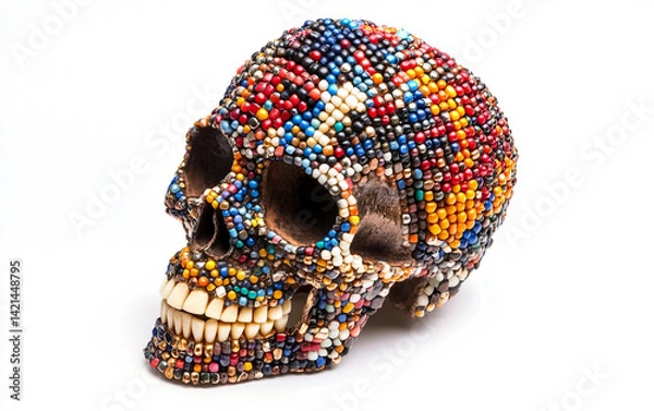 Fototapeta Skull Adorned with Colorful Beads Isolated on white background.