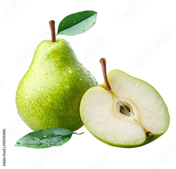 Obraz Pear with leaf isolated png. Green pear with a half on transparent background. PNG format. Pear with slice no background. Full depth of field.