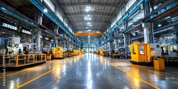 Obraz Wide shot of a modern industrial factory floor, showcasing a clean and organized layout with rows of machinery