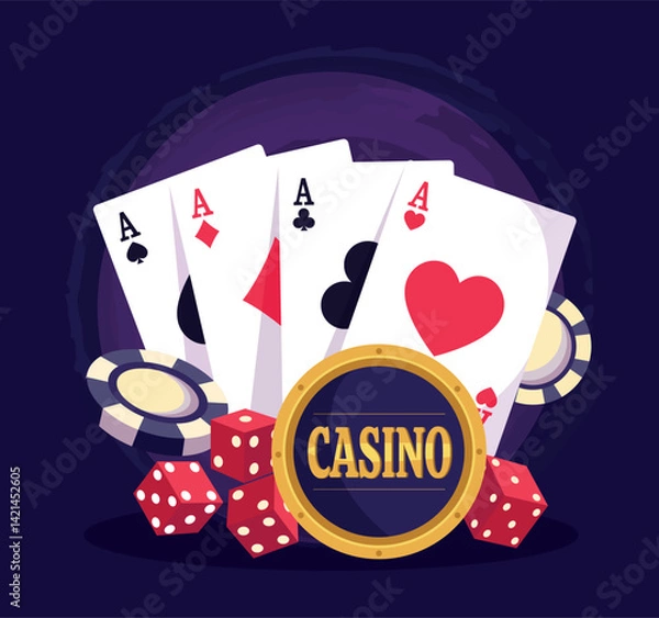 Obraz Casino and poker. Bright vector logo illustration design with casino text, chips, dice, cards, suits. Vintage logo for casino design projects, roulette on dark purple background
