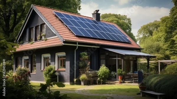 Fototapeta Older renovated small rural house in a green environment with solar panels on the roof in the village of Warns in the Netherlands. Old-fashioned and modern at the same time. Sustainable energy