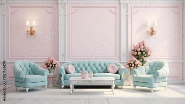 Fototapeta Pastel interior in classic style with soft armchairs and lamps. 3d rendering