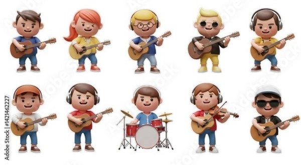 Fototapeta Colorful Cartoon Children's Band Playing Musical Instruments