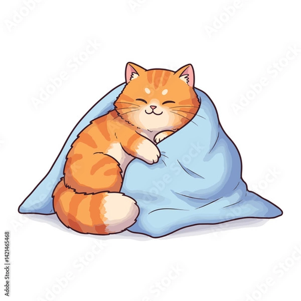 Fototapeta Cute cartoon Cat Snuggled in a Soft Peach Blanket Illustration