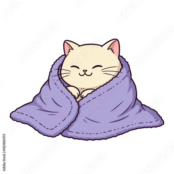 Fototapeta Cute cartoon Cat Snuggled in a Soft Peach Blanket Illustration