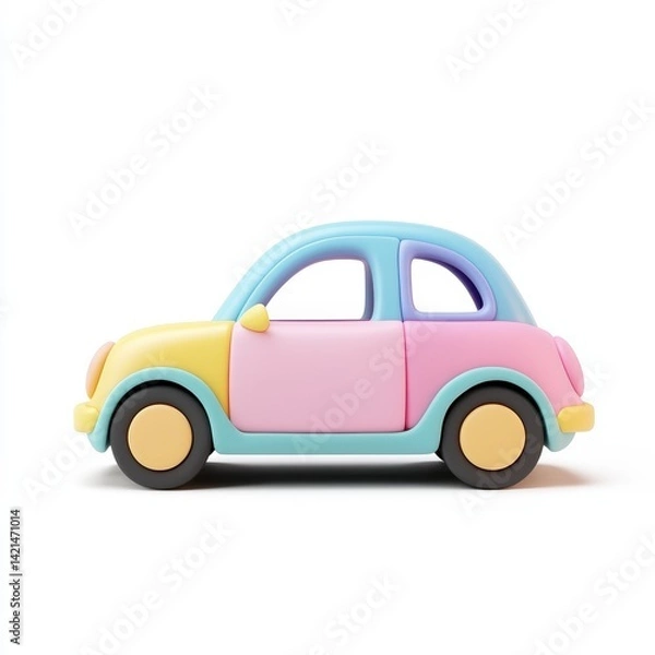 Obraz Minimalist 3D icon of a colorful pastel toy car with smooth rounded edges, designed in soft gradient shades on a white background. Perfect for kid-friendly or playful content.