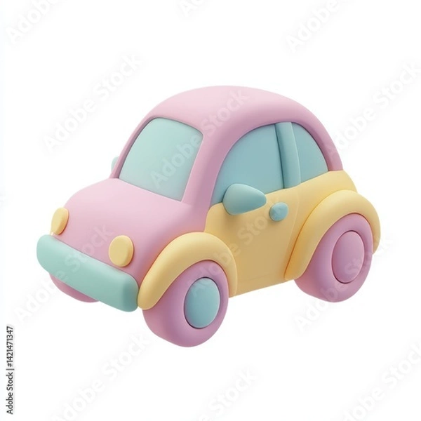 Fototapeta Minimalist 3D icon of a colorful pastel toy car with smooth rounded edges, designed in soft gradient shades on a white background. Perfect for kid-friendly or playful content.