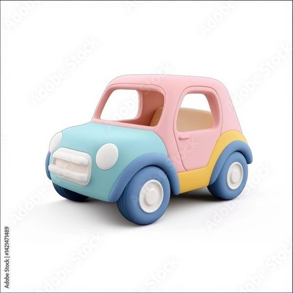 Obraz Minimalist 3D icon of a colorful pastel toy car with smooth rounded edges, designed in soft gradient shades on a white background. Perfect for kid-friendly or playful content.