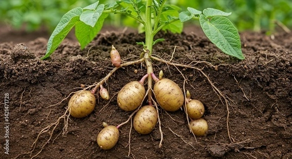 Fototapeta Detailed Botanical Real Shot of Potato Solanum Tuberosum Emphasizing Tuber Formation Displaying Root Structure and Earthy Brown Soil in an Agricultural Setting