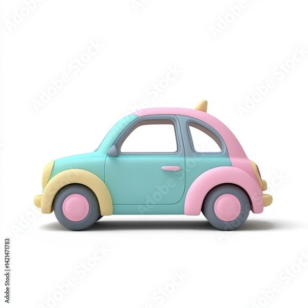 Obraz Minimalist 3D icon of a colorful pastel toy car with smooth rounded edges, designed in soft gradient shades on a white background. Perfect for kid-friendly or playful content.