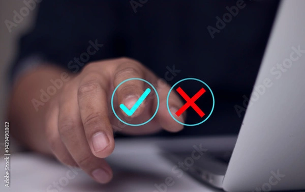 Fototapeta Businessman thinking and deciding between right and wrong symbols. Voting decision concept. Voting yes or no. Decision making in crisis situation. Businessman making choice in difficult situation.