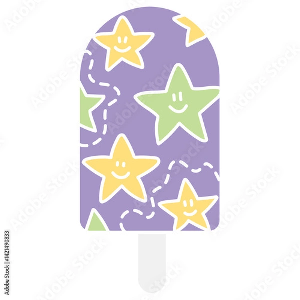 Fototapeta groovy ice cream, groovy boho popsicle in doodle flat color style. Colorful ice cream pop with cheerful star patterns and a smiling face.