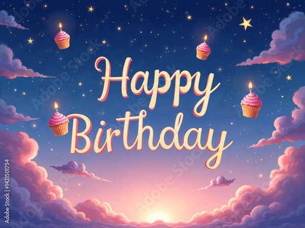 Obraz Whimsical 'Happy Birthday' Greeting with Flying Cupcakes and a Starry Sky