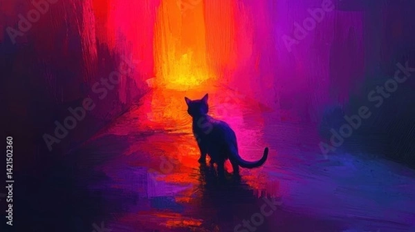Obraz Bright colors create a vibrant backdrop as a cat stands in silhouette on a reflective path in an urban setting