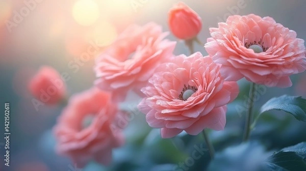 Fototapeta Soft Pink Ranunculus Flowers Glowing with Ethereal Light in a Dreamy Floral Composition