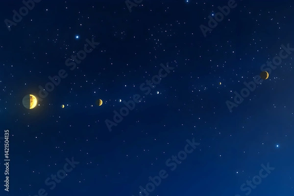 Fototapeta Celestial bodies align in a night sky filled with stars; a cosmic alignment, planets, moon phases, space, astronomy.
