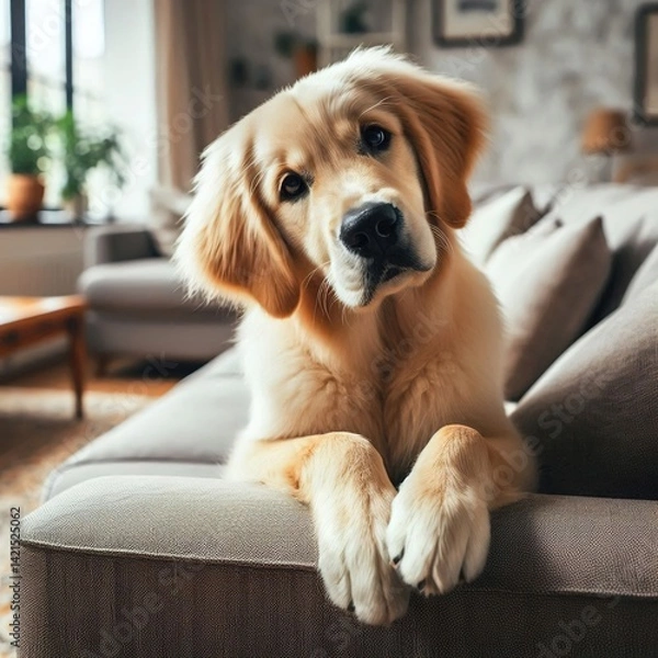 Obraz Golden Retriever puppy with cute mood posing on sofa in cozy living room backdrop
