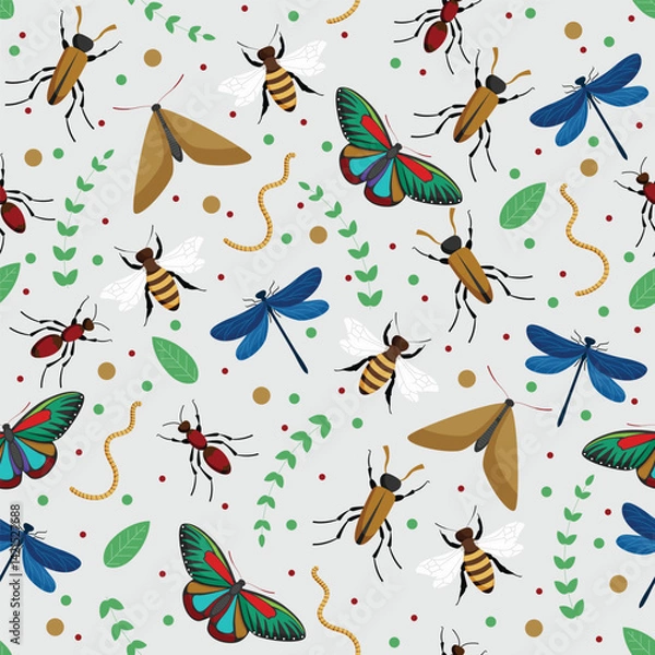 Fototapeta Vector illustration of seamless pattern background of butterflies,bees and beetles