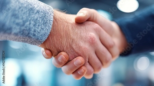 Fototapeta Two people shaking hands in a business setting showing agreement or partnership.