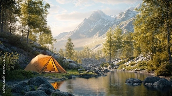 Obraz Outdoor camping scene with a tent in a beautiful nature setting, surrounded by breathtaking landscapes, illustrating peaceful outdoor living in natural protected areas, generated by AI
