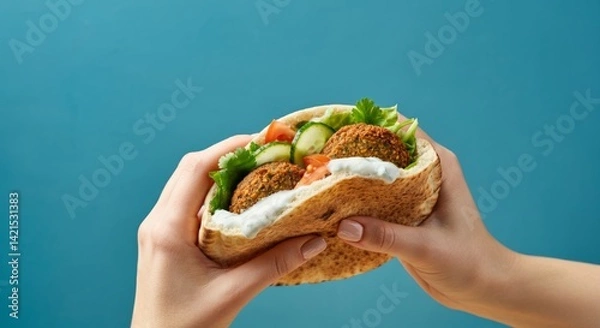 Obraz Hands holding delicious falafel sandwich with fresh vegetables and sauce
