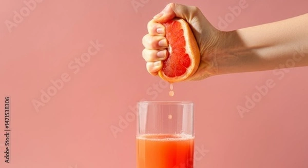 Fototapeta Hand squeezing fresh grapefruit juice into glass on pink background