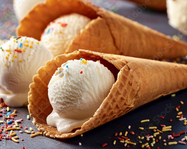 Fototapeta Vanilla ice cream scoops in waffle cones with sprinkles