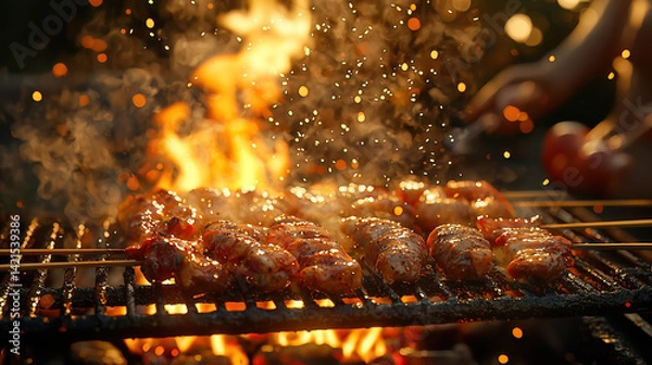 Obraz Close-up of meat skewers on a BBQ, engulfed in flames and smoke, creating a mouth-watering cookout ambiance.