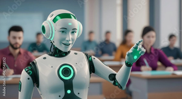 Fototapeta Ai robot teaching classroom of diverse adults with advanced technology
