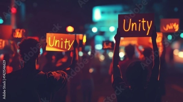 Fototapeta Protesters Holding Signs for Unity During Nighttime Demonstration