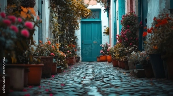 Fototapeta Charming alley with colorful flowers and a blue door, inviting exploration in a tranquil setting.