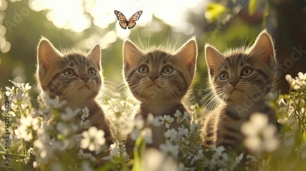 Fototapeta Three cute kittens watching a butterfly in a flower field, surrounded by bright sunlight and blooming flowers.