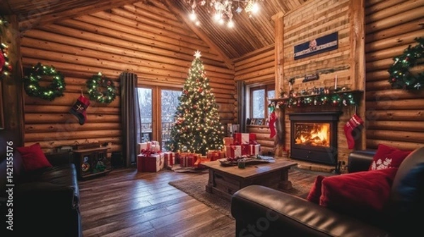 Fototapeta Cozy Christmas Cabin with Tree and Gifts in a Warm Wood Setting