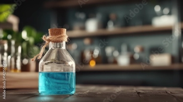 Fototapeta A whimsical blue potion sits in a glass bottle on a rustic wooden table, surrounded by a blurred background of apothecary jars, evoking a sense of mystery and curiosity.