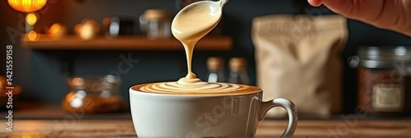 Fototapeta Creamy latte art creation in cozy coffee shop setting