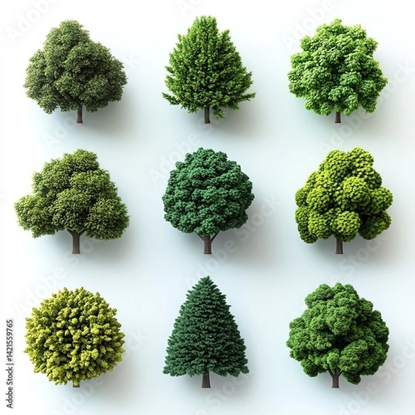 Fototapeta Nine Lush Green Trees, Viewed from Above, on a Light Background. A Vibrant Display of Natures Beauty.